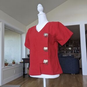 100% Cotton Red Short Sleeve Blouse